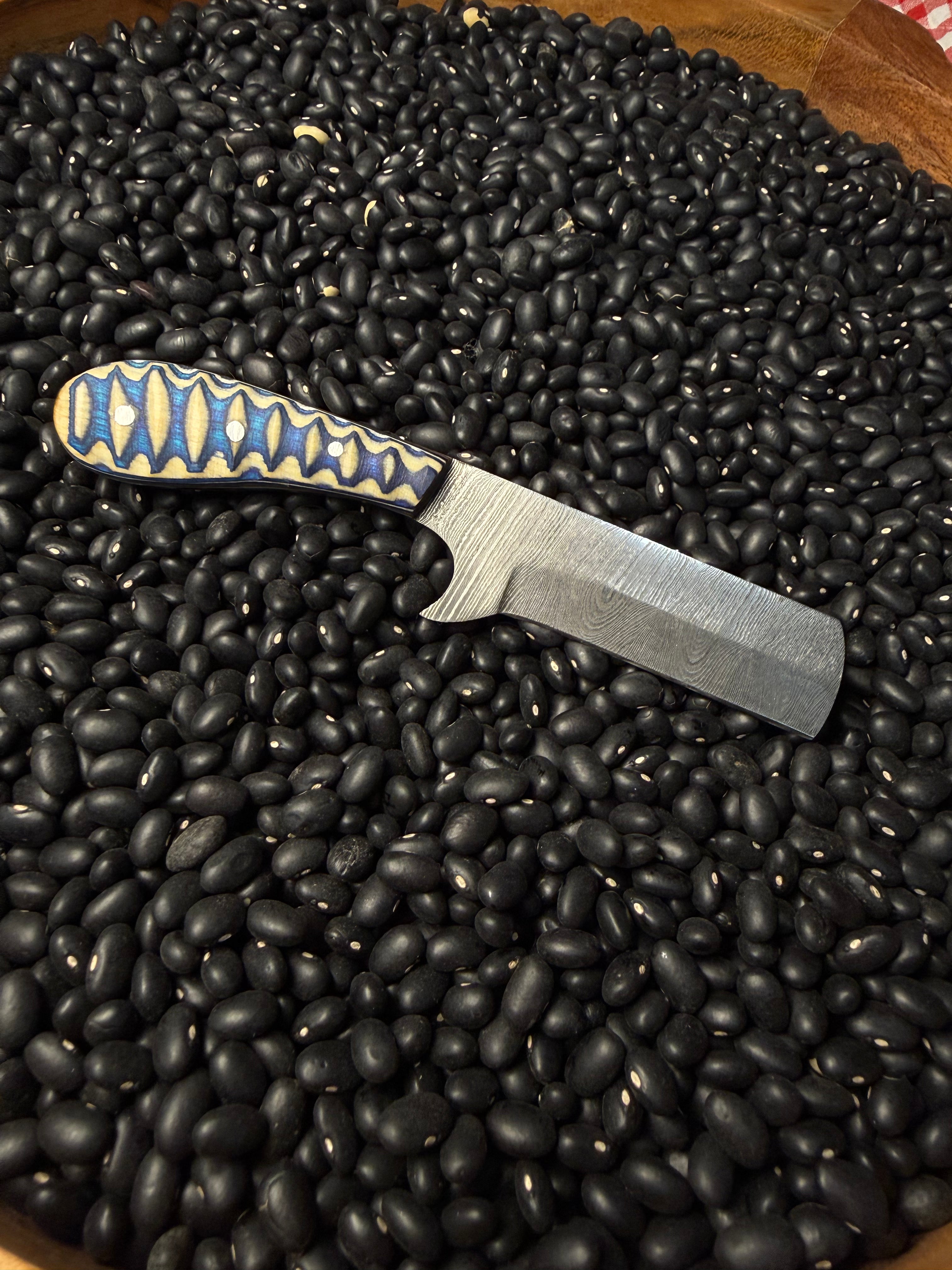 Damascus Steel Bull Cutter Knife- Blue & Tan
